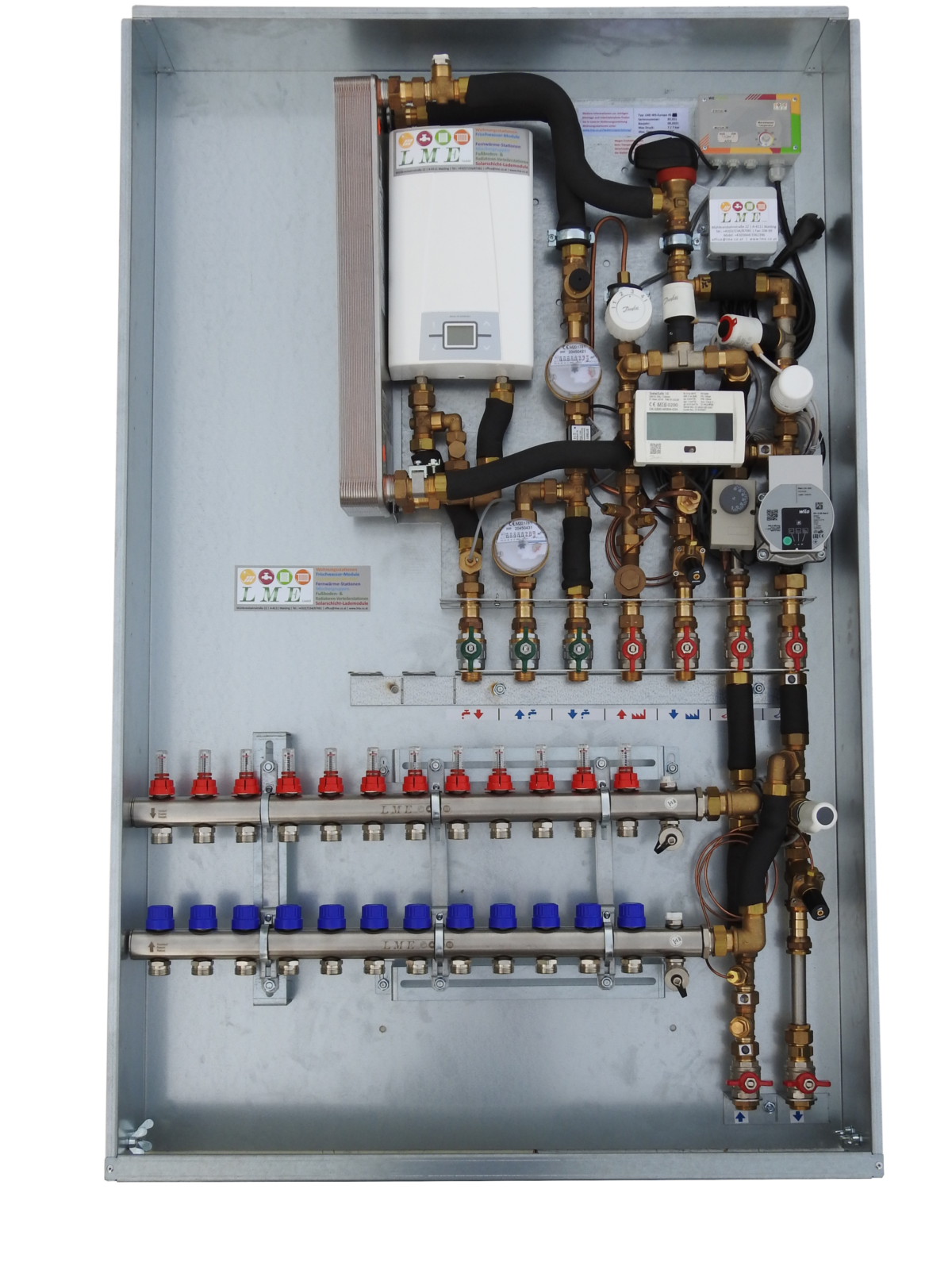 Wohnungsstation Hybrid mit Festwertregelung & E - Durchlauferhitzer für Fußbodenheizung & Fußbodenkühlung & FB - Verteiler Elektronische Regelung